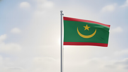 Mauritanian flag waving proudly on a flagpole against a bright blue sky with scattered clouds, symbolizing national identity and sovereignty.