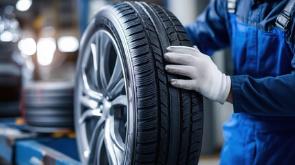 Person in Coveralls Handling Car Tire in a Brightly Lit Workshop Environment