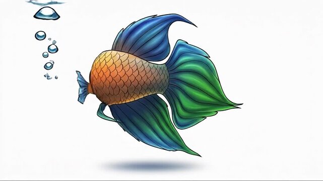 Animated colorful fish with flowing fins swimming underwater in a sequence of digital illustrations
