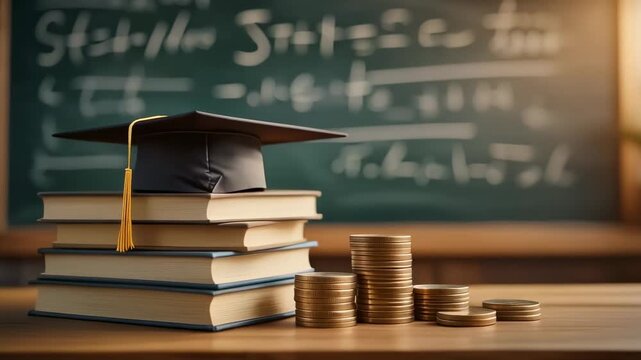 Graduation cap on books next to stacked coins in a classroom setting. Concept of student loan debt, tuition fees, and the high cost of higher education investment