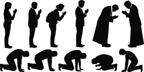 Prayer posture silhouette, black vector illustration, spiritual practice sequence, worship and devotion concept, reverent gesture design, religious ritual artwork, humility expression