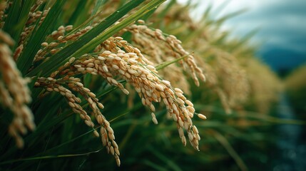 Fototapeta premium Golden Rice Fields Under Soft Cloudy Sky with Close-Up of Grain Ears and Green Leaves