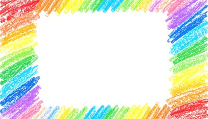 A vibrant, hand-drawn crayon frame in a rainbow of colors, surrounding a white rectangle