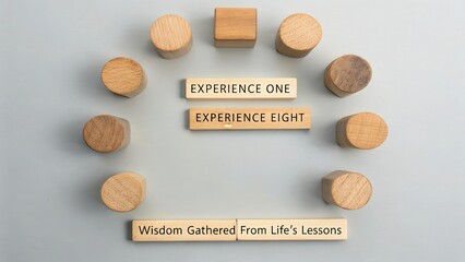 Eight distinct wooden pieces and text blocks with 'Experience One', 'Experience Eight', and 'Wisdom Gathered From Life's Lessons' suggesting learning and growth.
