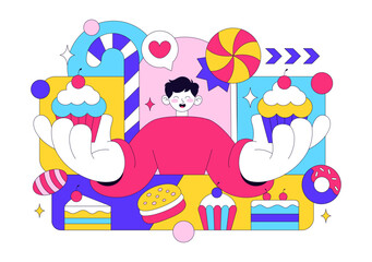 Sweet Shop Vector Illustration Featuring Sales Of Various Bakery Products Including Cupcakes Cakes Pastries And Candy In Flat Style Cartoon Background