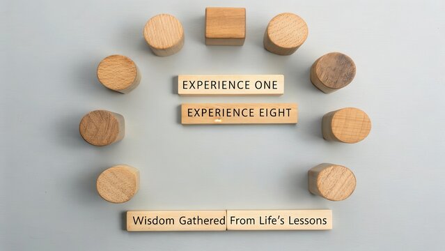 Eight distinct wooden pieces and text blocks with 'Experience One', 'Experience Eight', and 'Wisdom Gathered From Life's Lessons' suggesting learning and growth. - Powered by Adobe