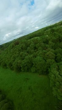 Winding valley filled with vibrant forests and open meadows, dynamic FPV aerial view flowing river curves, narrow roads and atmospheric cloudy skies.