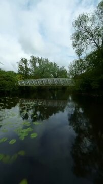 River reflecting lush green trees and wooden bridge during smooth FPV drone pass, moody cloudy skies and raw forested riverbanks.