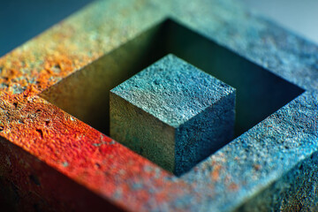 An abstract geometric composition of nested cubic forms with a distinctive surface texture 