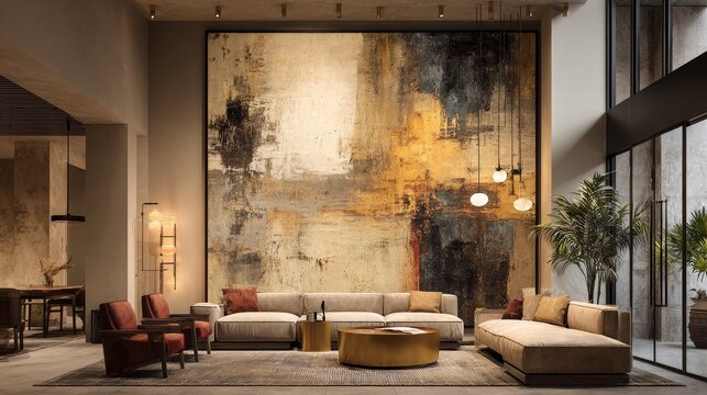 Large abstract painting in elegant living room with golden table, modern minimalist sofa, luxurious textures, black accents, warm lighting, sophisticated high-end interior d&eacute;cor