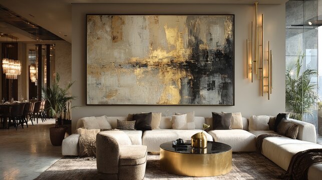 Large abstract painting in elegant living room with golden table, modern minimalist sofa, luxurious textures, black accents, warm lighting, sophisticated high-end interior d&eacute;cor