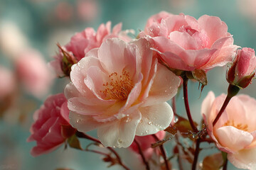 Obraz premium A delicate macro photograph of pink-peach roses after the rain. Large droplets of water adorn the petals, highlighting their fine texture and natural luster 