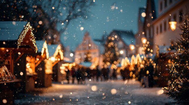 A festive winter scene featuring twinkling lights, snowflakes, and market stalls, creating a cozy atmosphere in a charming town. - Powered by Adobe