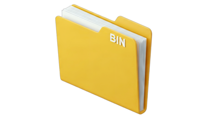 Yellow Folder with 'BIN' Label, Filled with Papers, Isolated