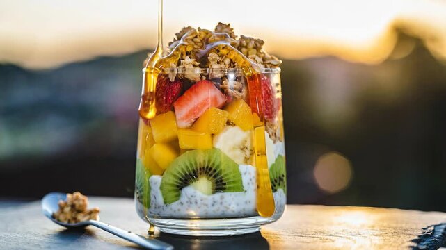 Close up of layered fruit parfait in glass with honey drizzle against golden sunset