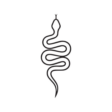 Simple black and white line drawing of a snake viewed from above. Minimalist vector illustration of a reptile serpent outline with forked tongue. Abstract tattoo sketch design isolated on white