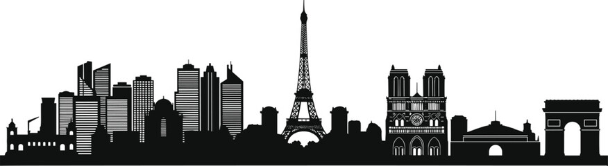 Fototapeta premium Paris Cityscape Skyline Silhouette Vector Illustration, Panoramic View of Eiffel Tower, Notre Dame Cathedral, and Arc de Triomphe, Black and White Travel Graphic.