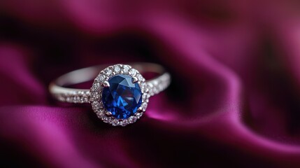 Fototapeta premium A beautifully crafted sapphire and diamond ring displayed on rich burgundy silk fabric, on blurred background