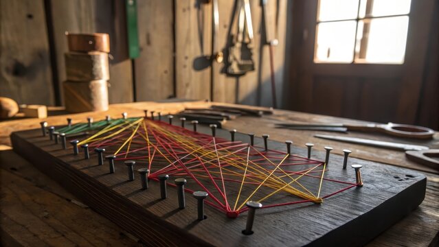 Intricate colorful string art pattern formed by threads connecting nails on a wooden board in a workshop