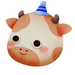 Cute cartoon cow with a blue party hat. Watercolor winter animal face.