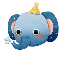 Cute cartoon elephant wearing a party hat. Watercolor winter animal face.