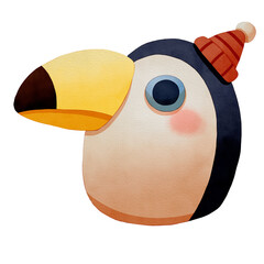 Fototapeta premium Brightly colored cartoon toucan with a winter hat. Watercolor winter animal face.