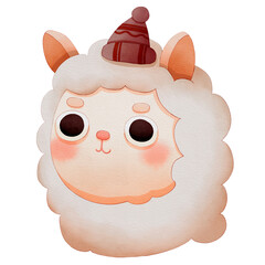 Cute cartoon llama with a festive hat. Watercolor winter animal face.