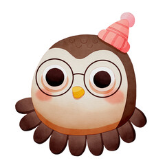 Cute cartoon owl with glasses and a hat. Watercolor winter animal face.