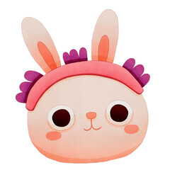 Cute cartoon bunny with a pink headband and flowers. Watercolor winter animal face.