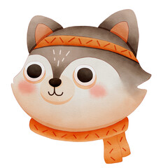 Cute cartoon wolf wearing an orange scarf and headband. Watercolor winter animal face.