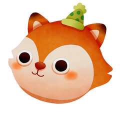 Cute cartoon fox wearing a party hat. Watercolor winter animal face.