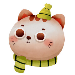 Cute cartoon cat wearing a striped scarf and hat. Watercolor winter animal face.