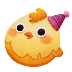 Cute cartoon chick with a party hat. Watercolor winter animal face.