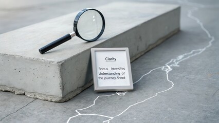 Magnifying glass and framed text about clarity and focus placed on a minimalist concrete slab