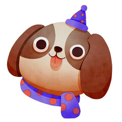 A cute cartoon dog wearing a party hat and scarf. Watercolor winter animal face.