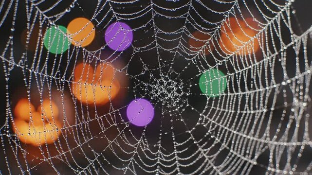Intricate macro shot of a spider's web covered in dewdrops against a blurred colorful background