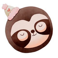 Cute sloth wearing a party hat with closed eyes. Watercolor winter animal face.