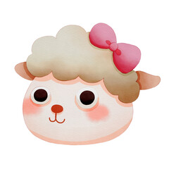 Cute sheep illustration with a bow. Watercolor winter animal face.