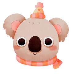 Cute koala in a colorful winter hat and scarf. Watercolor winter animal face.