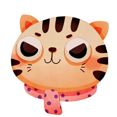 Whimsical cartoon tiger with oversized eyes and a polka-dot scarf. Watercolor winter animal face.
