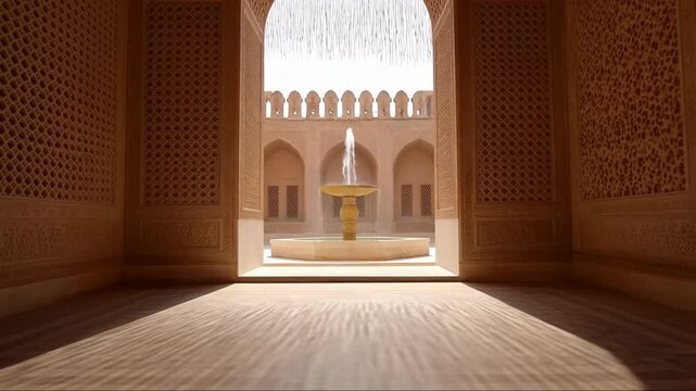 Sunlit Moorish Palace Courtyard with Fountain Framed by Ornate Archway and Intricate Islamic Wall Carvings