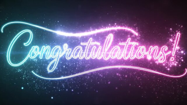 Neon glowing congratulations message with sparkling effects and vibrant colors in celebration theme