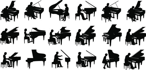 Piano player silhouette collection, musicians performing on grand piano, classical music concert art, pianist sitting and playing instrument vector illustration for design, performance theme