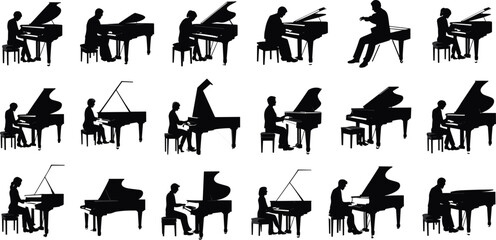 Piano player silhouettes collection, musicians performing on grand piano, classical concert art, pianist playing instrument vector illustration, music performance design, elegant stage composition © Gita