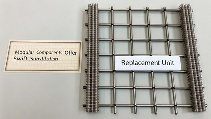 Meticulously constructed metallic grid with reinforced sections and informational labels displayed on a clean surface