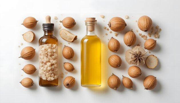 Nourishing nut oil and whole nuts arranged on a white background for health and wellness. babassu 