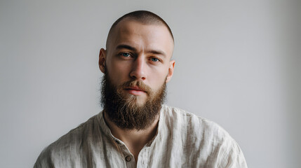 Contemplative Portrait: A close-up shot of a man with a full beard gazing directly at the viewer, radiating a sense of quiet intensity and thoughtfulness.