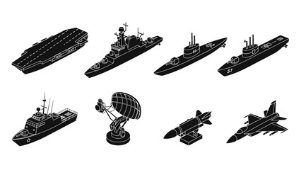 Isometric illustration of naval fleet including ships aircraft and radar station © MdEmran