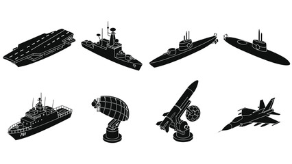 Black silhouette icons depicting naval vessels aircraft and military equipment © MdEmran