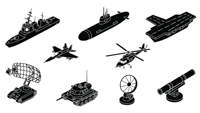 Military vehicles and aircraft collection ships tanks planes and radar systems